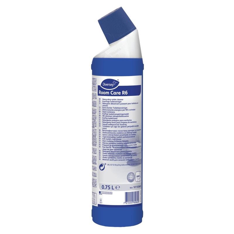 Room Care R6, limpador periódico de sanitários e urinóis da Diversey Deutschland GmbH & Co. OHG (garrafa de 750 ml), à base de ácido clorídrico, ideal para limpeza eficiente de sanitários e urinóis. Com informações do produto em várias línguas no rótulo.