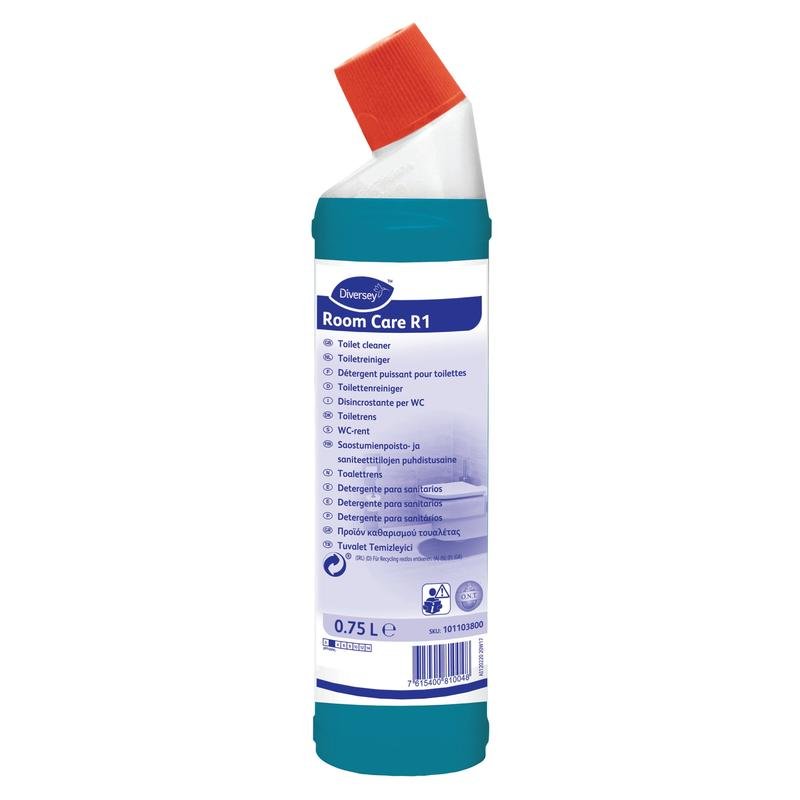 Garrafa de plástico branca com tampa angular vermelha e rótulo azul com a inscrição "Room Care R1 Limpador de sanitas e urinóis, à base de ácido cítrico" da Diversey Deutschland GmbH & Co. OHG, 750 ml, rótulo em várias línguas.