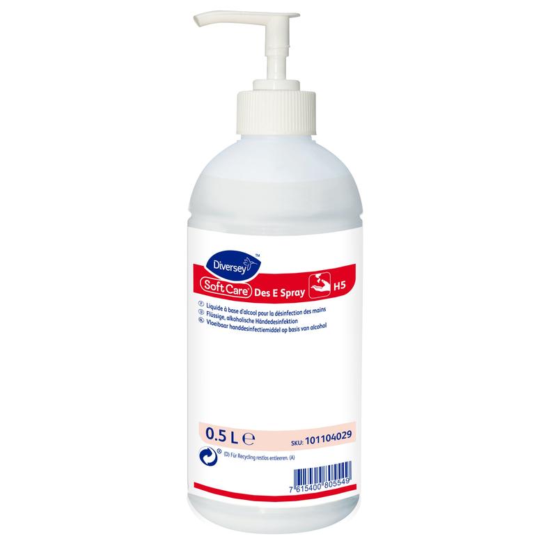 Uma garrafa de plástico branca de 0,5 litros de Soft Care Des E Spray H5 da Diversey Deutschland GmbH & Co. OHG, com dispensador de bomba e rótulo multilíngue - ideal para desinfecção eficaz das mãos em movimento em formato spray prático.
