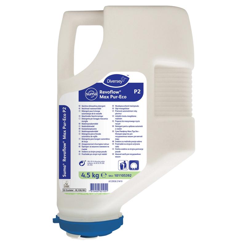 Um cartucho de 4,5 kg de Suma Revoflow Max P-Eco P2 da Diversey Deutschland GmbH & Co. OHG, um detergente ecológico e sem cloro para água macia a média; feito de plástico branco com etiqueta e tampa azuis, além de alça.