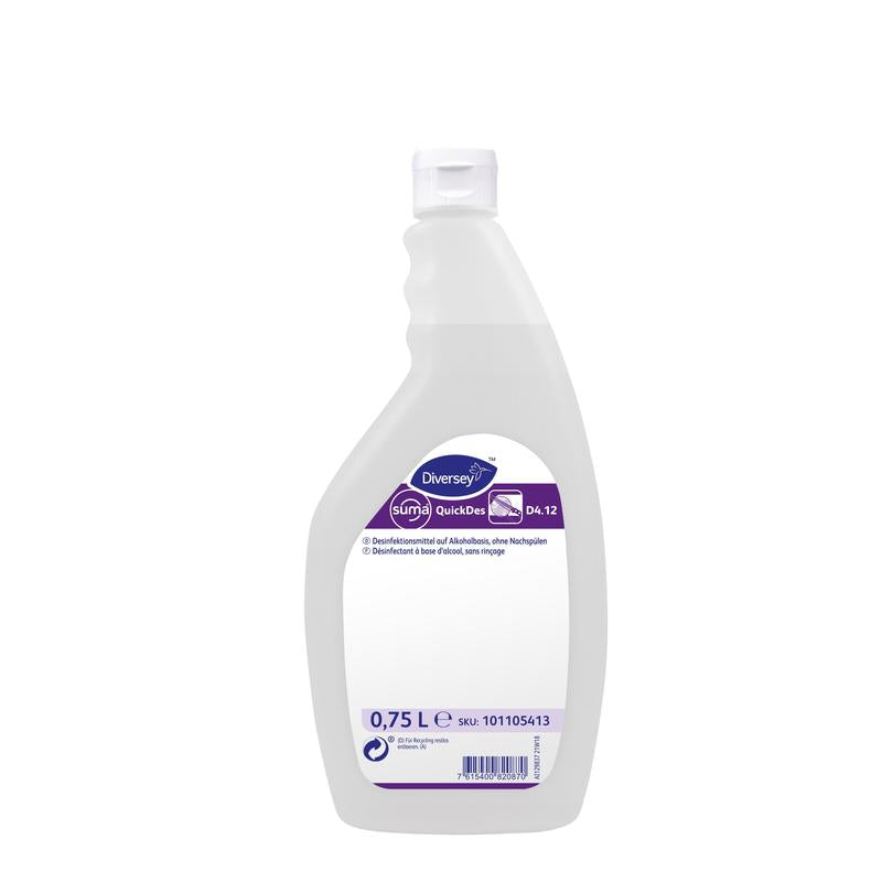Uma garrafa de 0,75 litros de Suma QuickDes D4.12 Desinfecção Rápida de plástico branco da Diversey Deutschland GmbH & Co. OHG com tampa flip-top e rótulo violeta e branco com detalhes do produto na frente.