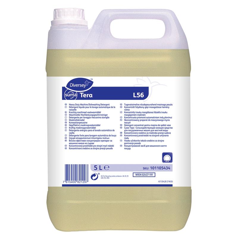 Um recipiente de plástico de 5 litros Diversey Suma Tera L56, detergente de loiça de alta concentração para água dura da Diversey Deutschland GmbH & Co. OHG, com rótulo branco-azul com informações do produto em várias línguas e instruções.