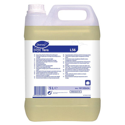Um recipiente de plástico de 5 litros Diversey Suma Tera L56, detergente de loiça de alta concentração para água dura da Diversey Deutschland GmbH & Co. OHG, com rótulo branco-azul com informações do produto em várias línguas e instruções.