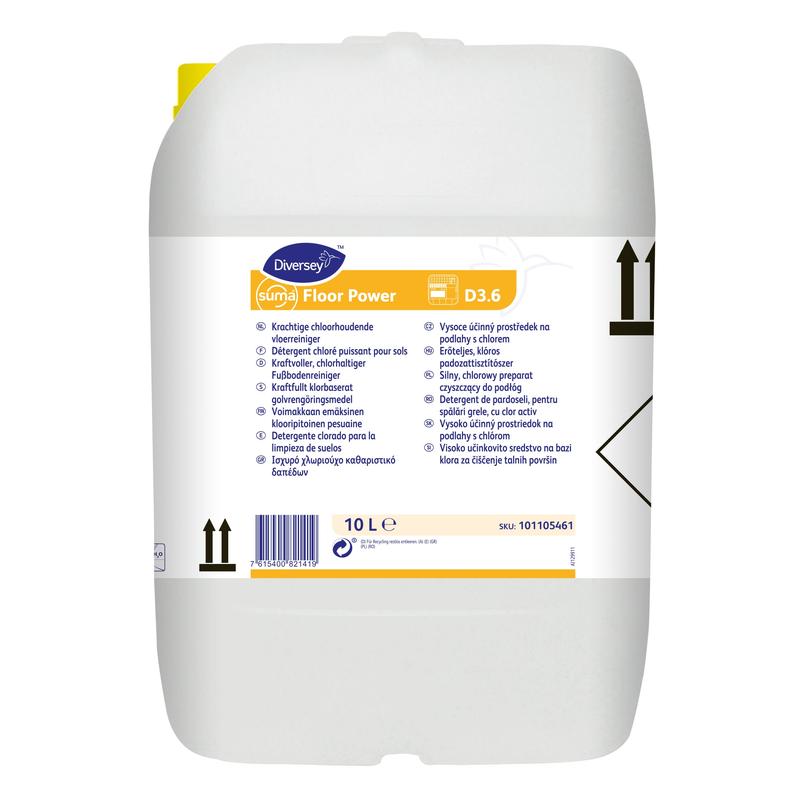 Um recipiente de 10 litros de Suma Floor Power D3.6, um limpador de pisos cloroalcalino da Diversey Deutschland GmbH & Co. OHG, com tampa amarela e rótulo multilíngue com instruções e símbolos pretos.