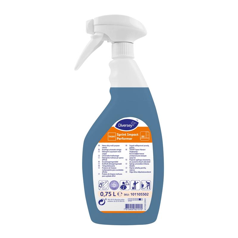 Uma garrafa de spray azul de 0,75 litros TASKI Sprint Impact Performer, limpador universal potente da Diversey Deutschland GmbH & Co. OHG, com gatilho branco e um rótulo frontal com instruções multilíngues e informações do produto.