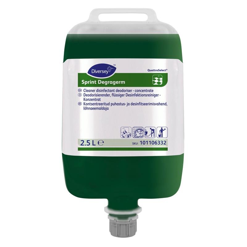 Um saco de 2,5L de Diversey Sprint Degragerm QS, desinfetante e desodorizante para pavimentos da Diversey Deutschland GmbH & Co. OHG, com etiqueta verde/branca e informações multilíngues.