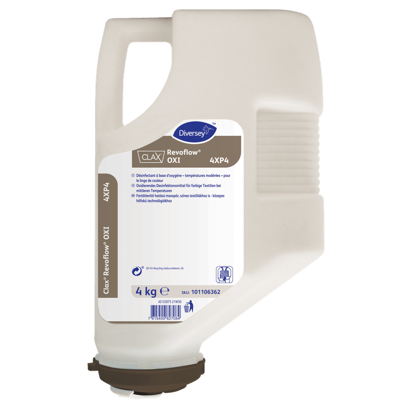 Um recipiente de plástico bege de 4 kg Clax Revoflow OXI 4XP4* agente de branqueamento e desinfetante em pó da Diversey Deutschland GmbH & Co. OHG - eficaz mesmo a baixas temperaturas, listado pelo RKI a 60°C, ideal para lavandarias profissionais.
