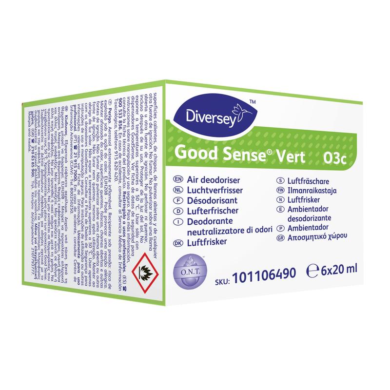 Uma caixa de cartuchos de fragrância Good Sense Vert (6 unidades) para o sistema de purificação de ar Good Sense da Diversey Deutschland GmbH & Co. OHG, com informações multilíngues, símbolo de perigo e 6 x 20 ml de cartuchos por embalagem.