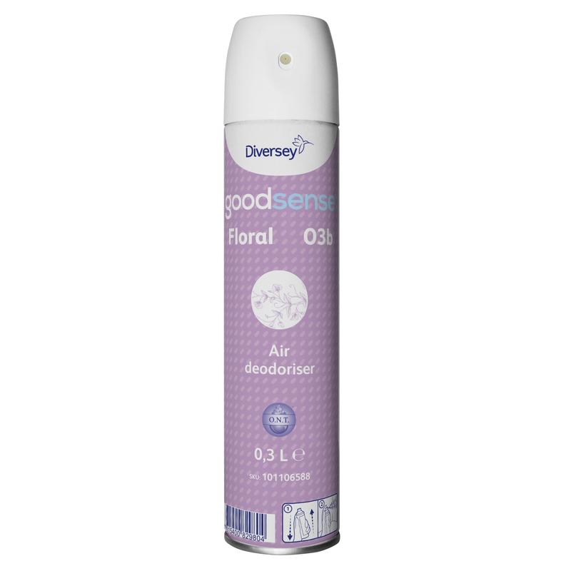 Uma lata de 300 ml do ambientador e neutralizador de odores Good Sense Floral da Diversey Deutschland, com rótulo roxo e tampa branca, proporciona um ambiente agradável e fresco.
