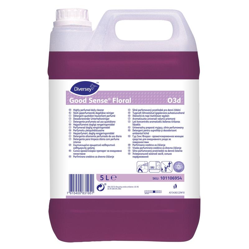 Um recipiente de 5 litros de Good Sense Floral da Diversey Deutschland GmbH & Co. OHG, um limpador multiuso altamente perfumado com tecnologia O.N.T., é um recipiente de 5 litros da Diversey Deutschland GmbH OHG com informações do produto e instruções de uso em um rótulo branco e lilás.
