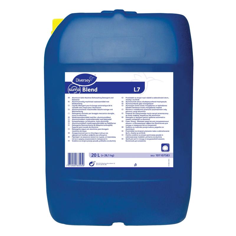 Um grande recipiente azul de 20 litros da Diversey Suma Blend L7 para água macia, detergente para louça seguro para alumínio, possui uma alça superior e um rótulo frontal branco com instruções e informações do produto.