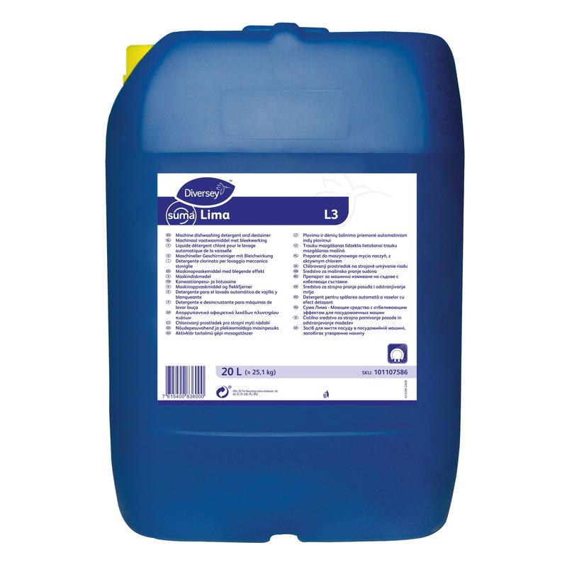 Um grande recipiente de plástico azul de 20 litros de detergente para loiça Diversey Suma Lima L3 com lixívia (Diversey Deutschland GmbH & Co. OHG) com rótulo multilingue branco e tampa amarela, adequado para água de dureza média a dura.