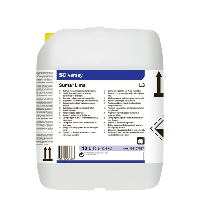Um recipiente de 10 litros de plástico branco com detergente para loiça Diversey Suma Lima L3 com lixívia da Diversey Deutschland GmbH & Co. OHG, com pega, marcações de nível, texto azul e preto, símbolos e um rótulo multilingue.