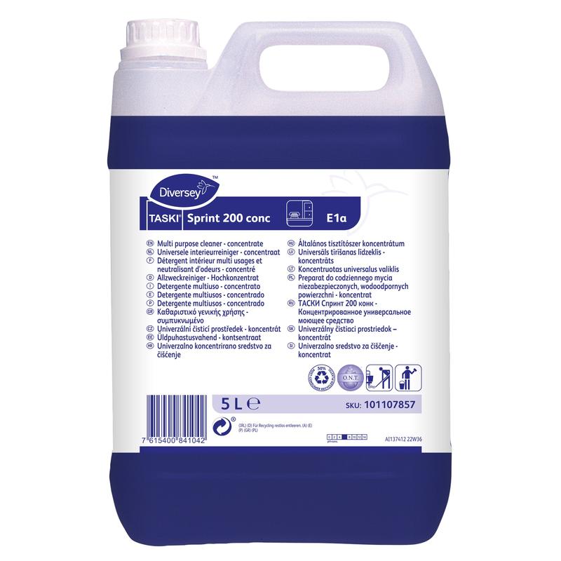 Um recipiente de plástico de 5 litros com TASKI Sprint 200 conc limpador de álcool concentrado da Diversey Deutschland GmbH & Co. OHG, com um rótulo azul e branco multilíngue e uma alça de transporte na parte superior.