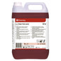 Um recipiente de 5 litros de Diversey TASKI Sani Cid conc Limpeza Sanitária (Concentrado à base de ácido cítrico) da Diversey Deutschland GmbH & Co. OHG; líquido vermelho, rótulo detalhado, ideal para a remoção de depósitos de calcário.