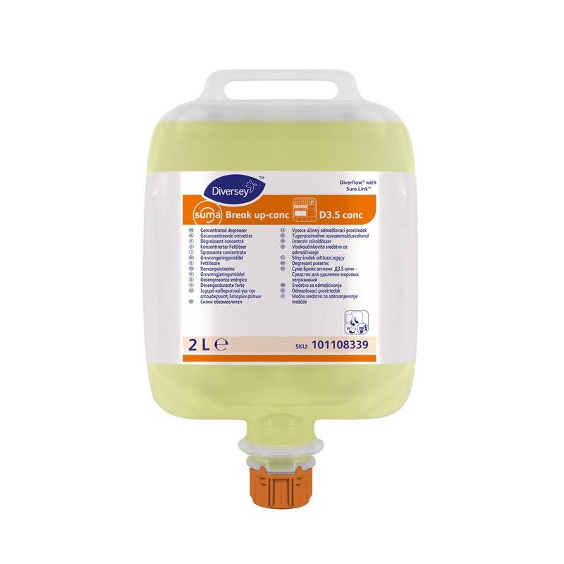 Um saco de 2 litros Suma Break up-conc D3.5 da Diversey Deutschland GmbH & Co. OHG: desengordurante altamente concentrado, seguro para alumínio e extra forte para cozinhas profissionais.
