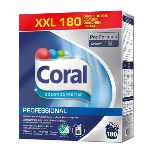 Uma embalagem de detergente para roupa Coral Professional Color Expertise (180 lavagens, 8 kg de pó) da Diversey Deutschland GmbH & Co. OHG, com a marca Pro Formula, design azul e que oferece proteção da cor e das fibras para cores brilhantes.