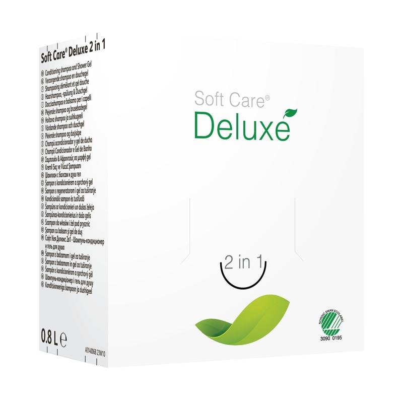 Uma caixa branca com a inscrição "Soft Care Deluxe 2 em 1, Gel de Banho & Champô" da Diversey Deutschland está decorada com um gráfico de folha verde, um indicador de volume de 0,8 litros, instruções laterais e um selo ambiental na frente.