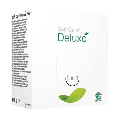 Uma caixa branca com a inscrição "Soft Care Deluxe 2 em 1, Gel de Banho & Champô" da Diversey Deutschland está decorada com um gráfico de folha verde, um indicador de volume de 0,8 litros, instruções laterais e um selo ambiental na frente.