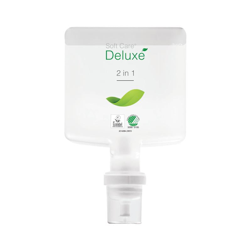 Um frasco dispensador de plástico transparente com a inscrição "Soft Care Deluxe 2 em 1, Gel de Banho & Champô" da Diversey Deutschland GmbH & Co. OHG possui um gráfico de folha verde, logotipos de certificação e uma tampa dispensadora branca na parte inferior.