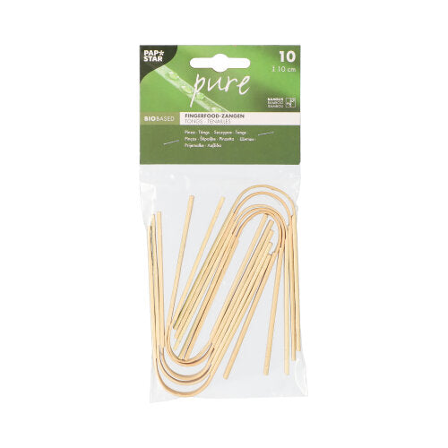 Numa embalagem de plástico transparente encontram-se 10 pinças para finger food de bambu PAPSTAR (10 cm), ideal para snacks. Na parte superior há uma etiqueta verde e branca com a marca PAPSTAR GmbH e informações do produto em várias línguas - perfeito para festas.