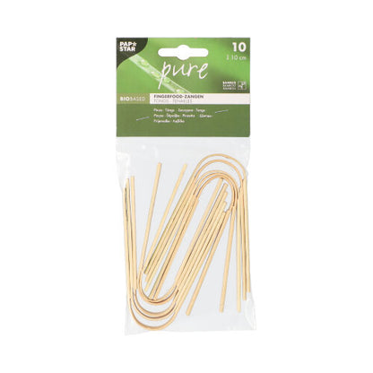 Numa embalagem de plástico transparente encontram-se 10 pinças para finger food de bambu PAPSTAR (10 cm), ideal para snacks. Na parte superior há uma etiqueta verde e branca com a marca PAPSTAR GmbH e informações do produto em várias línguas - perfeito para festas.