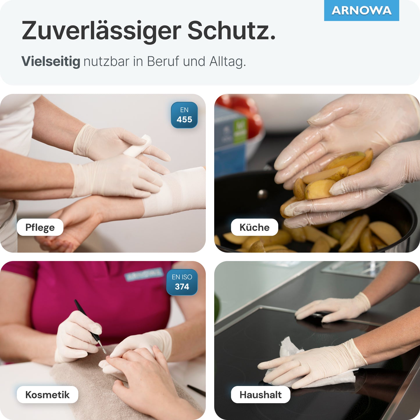 Quatro imagens mostram pessoas a usar Luvas Descartáveis ARNOMED LATEX PF Sem Pó da ARNOWA GmbH para enfaixar um antebraço, preparar batatas, fazer manicure e limpar - ilustrando assim a sua versatilidade.