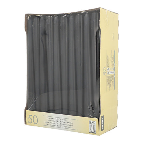 A imagem mostra uma caixa de papelão com 50 velas Starpak (Ø 2,2 cm - 25 cm), com as velas pretas dispostas verticalmente e visíveis através da embalagem plástica transparente.