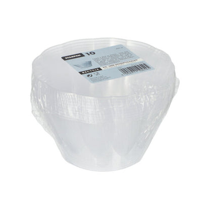Uma pilha de dez taças de gelo e sobremesa Starpak redondas e transparentes (Ø 12 cm · 7 cm) com capacidade de 400 ml, embrulhadas em película retrátil, com uma etiqueta no topo que contém informações do produto e um código de barras.