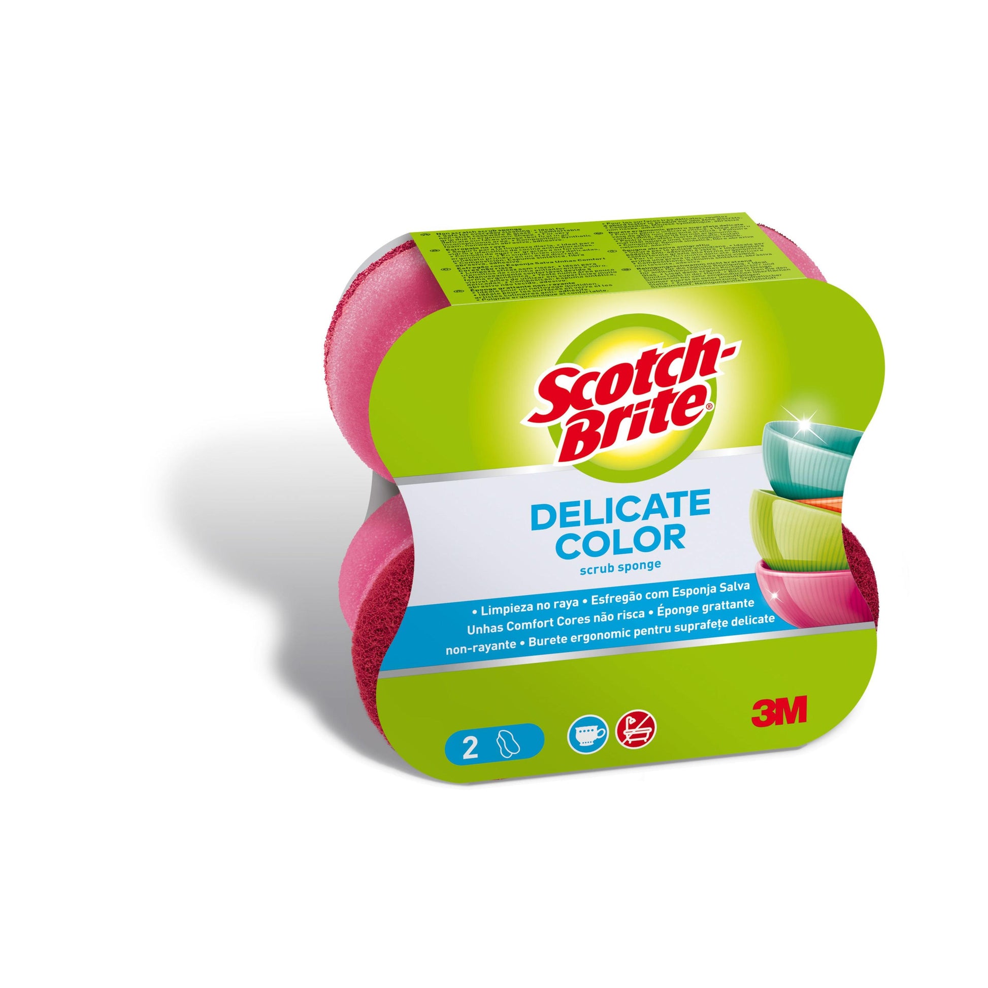 Eine Packung 3M Deutschland GmbH Scotch-Brite® Delicate Color Comfort kratzfreie Reinigungsschwämme, 2 Stück pro Packung, ist in einer grün-weißen Verpackung mit zwei rosa Schwämmen und bunten Schalen auf dem Etikett abgebildet.