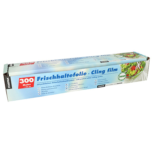 Starpak película aderente, PVC 300 m com sistema de corte prático, em embalagem azul e branca com rótulo em alemão-inglês para fácil rasgamento.