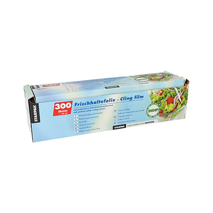 A película aderente Starpak, PVC 300 m com sistema de corte prático, é fornecida numa caixa azul com a inscrição "Cling film". A embalagem mostra uma taça de salada e possui um sistema de corte integrado para facilitar o corte.