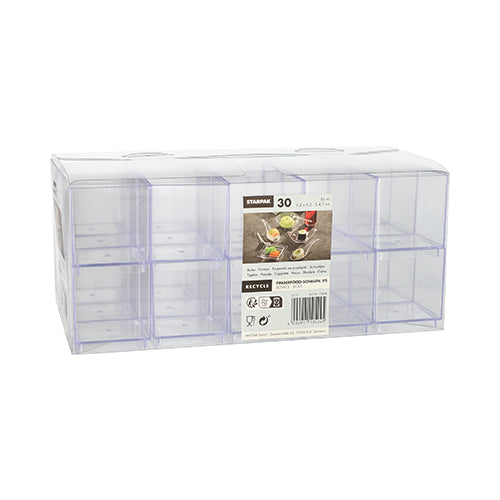 As Starpak 30 taças de finger food são uma caixa de poliestireno (PS) transparente com dez compartimentos quadrados, uma tampa dobrável transparente e uma etiqueta para 30 unidades. Cada compartimento tem capacidade para 55 ml e mede 4,7 x 4,2 x 4,2 cm.