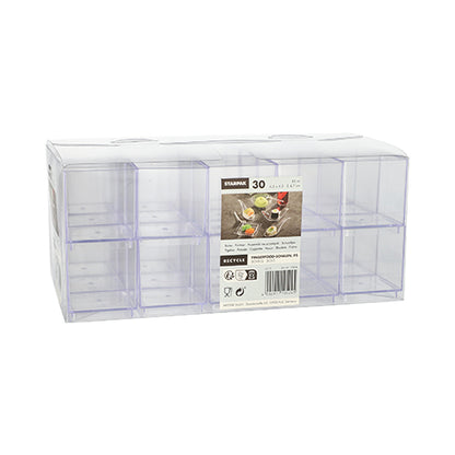 As Starpak 30 taças de finger food são uma caixa de poliestireno (PS) transparente com dez compartimentos quadrados, uma tampa dobrável transparente e uma etiqueta para 30 unidades. Cada compartimento tem capacidade para 55 ml e mede 4,7 x 4,2 x 4,2 cm.