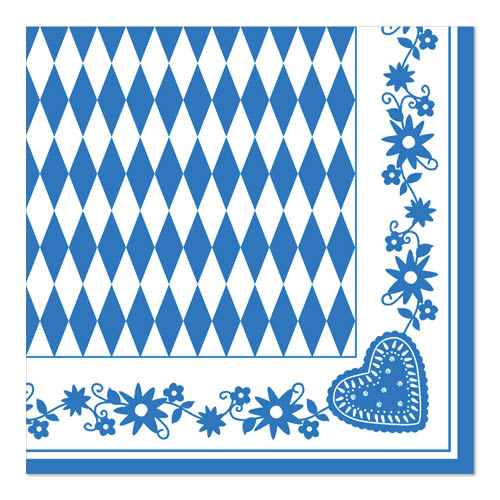 Os guardanapos PAPSTAR 1/4-Dobra, 40x40 cm azul, "Bayrisch Blau" da PAPSTAR GmbH têm um centro de losangos azul e branco com uma borda de flores e corações azuis - guardanapos bávaros ideais para a Oktoberfest (50 unidades).