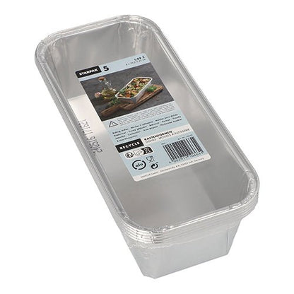 Starpak 5 Kastenformen, Alu-Retangular (1,09 l, 6x10,2x23 cm), são formas de cozedura retangulares em embalagem de película retrátil clara. Cada embalagem contém cinco formas com informações do produto e foto de comida na tampa – perfeito para resultados de cozedura.