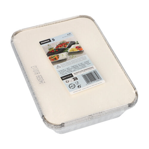 Starpak 5 Schalen, Alu rechteckig mit PE-beschichtetem Einlegedeckel im Kunststoffverpackung inkl. Produktlabel mit Bildern – ideal für Gastronomie-Bedarf.