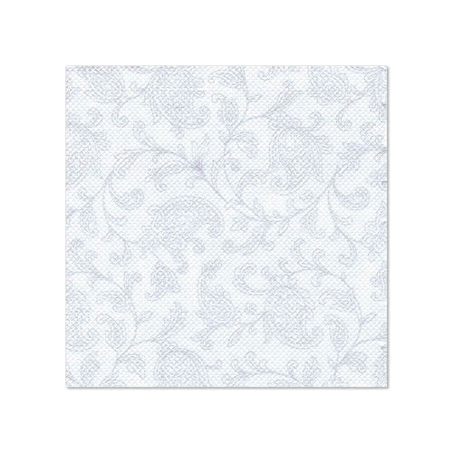 Um guardanapo quadrado branco no formato 25 x 25 cm da coleção ROYAL da PAPSTAR GmbH com uma impressão discreta de flores e folhas em azul claro; vendido como "PAPSTAR 20 guardanapos 'ROYAL Collection' 1/4-dobra". Em fundo branco simples.