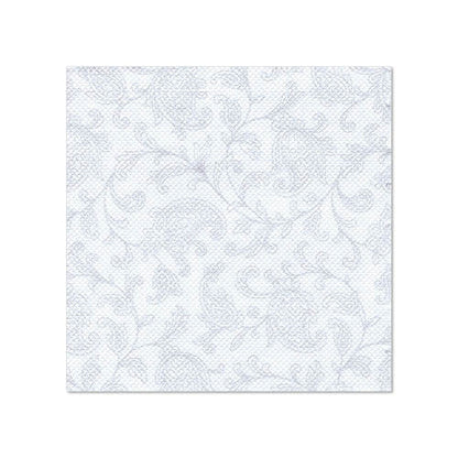 Um guardanapo quadrado branco no formato 25 x 25 cm da coleção ROYAL da PAPSTAR GmbH com uma impressão discreta de flores e folhas em azul claro; vendido como "PAPSTAR 20 guardanapos 'ROYAL Collection' 1/4-dobra". Em fundo branco simples.