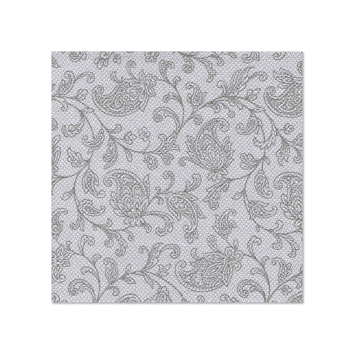 Os PAPSTAR 20 guardanapos "ROYAL Collection" (25x25 cm, 1/4-dobra) da PAPSTAR GmbH apresentam um elegante padrão floral em espiral em cinza claro sobre branco, com linhas finas, folhas e formas de paisley.