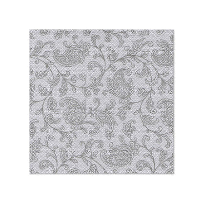 Os PAPSTAR 20 guardanapos "ROYAL Collection" (25x25 cm, 1/4-dobra) da PAPSTAR GmbH apresentam um elegante padrão floral em espiral em cinza claro sobre branco, com linhas finas, folhas e formas de paisley.