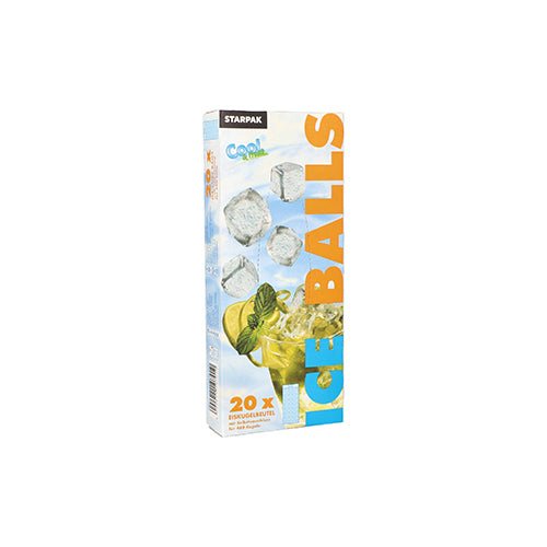 Os sacos de gelo Starpak 20 com fecho automático e caixa Easy Release estão disponíveis nas cores azul, branco e laranja, contêm cubos de gelo, uma bebida fria com lima e hortelã e 20 sacos de gelo fáceis de abrir.