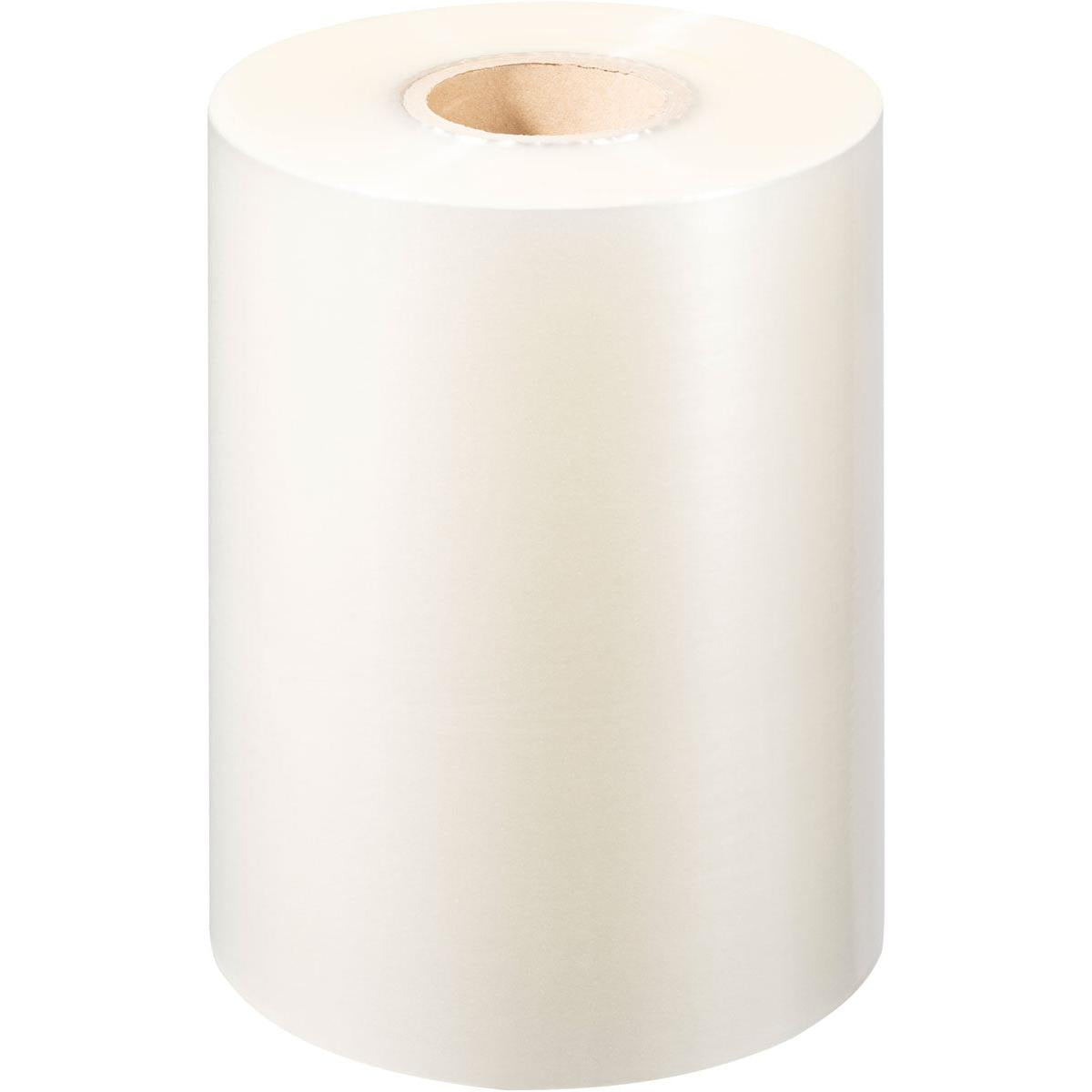 Eine Rolle Duni GmbH PP-Siegelfolie Antifog, mit einem Kern aus Karton, steht aufrecht auf weißem Hintergrund. Diese glänzende Folie ist mit einer Antifog-Beschichtung versehen und eignet sich daher perfekt für Lebensmittelverpackungen und Verpackungszwecke.