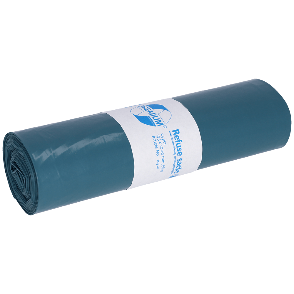 Um rolo apertado de sacos de lixo azuis DEISS 575x1000x0,05 mm de LDPE reciclado 70 l da EMIL DEISS KG (GmbH + Co.) com uma etiqueta branca no meio, mostrando a informação do produto.