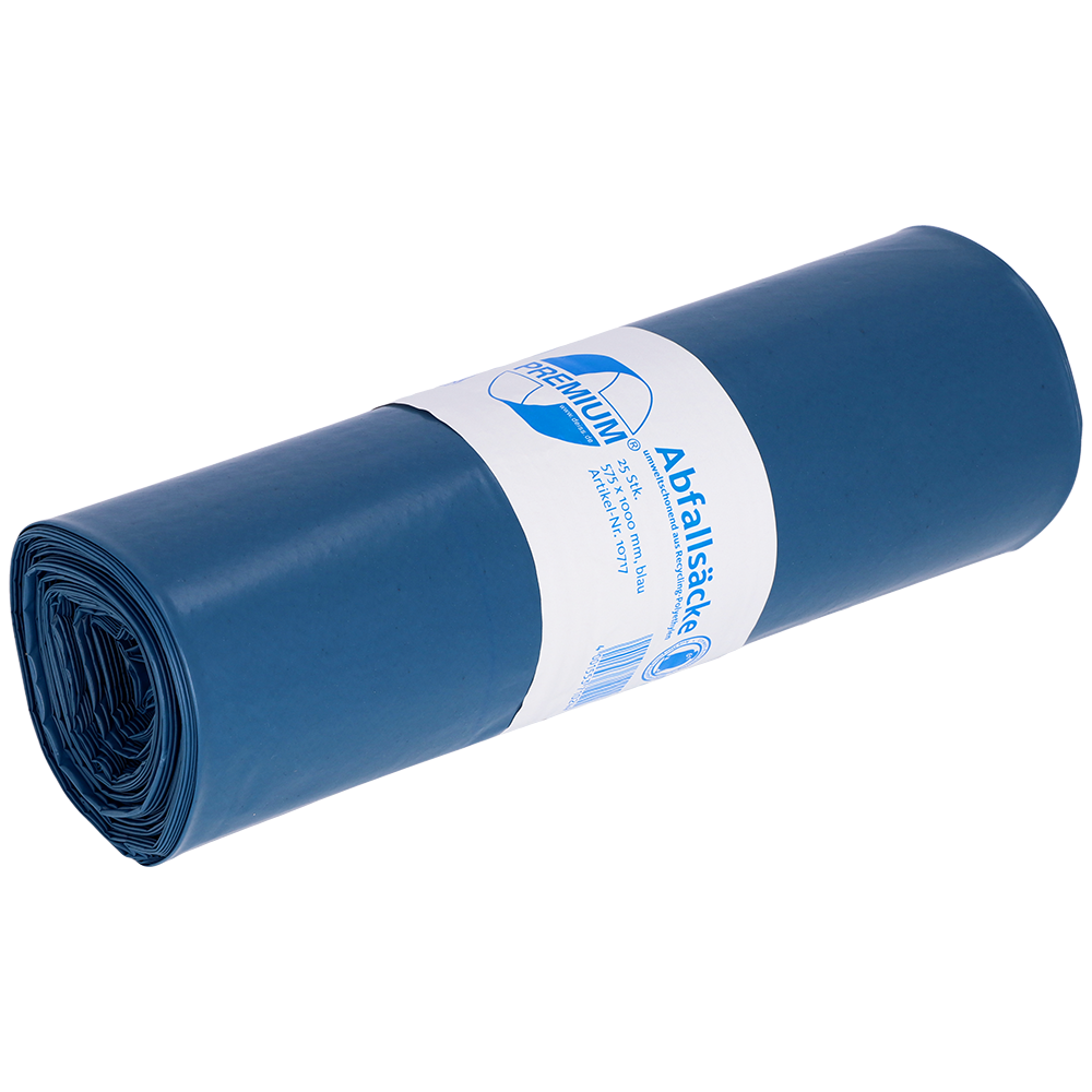 Ein blauer aufgerollter DEISS Müllsäcke 70L von EMIL DEISS KG (GmbH + Co.), aus Recycling-LDPE, mit weißem Etikett mit blauer Grafik und deutschem Text; Größe: 575x1000x0,07 mm, ideal für die tägliche Abfallentsorgung.