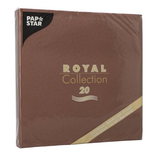 Uma embalagem quadrada marrom PAPSTAR 20 guardanapos "ROYAL Collection" 1/4-dobra (40x40 cm) da PAPSTAR GmbH, com letras douradas e brancas, selada em plástico transparente - ideal para decoração de mesa.