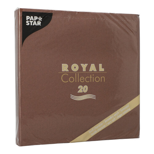 Eine braune quadratische Packung PAPSTAR 20 Servietten "ROYAL Collection" 1/4-Falz (40x40 cm) von PAPSTAR GmbH, mit goldener und weißer Schrift, eingeschweißt in klarem Kunststoff - ideal für die Tischdekoration.