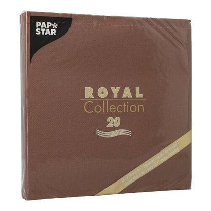 Uma embalagem quadrada marrom PAPSTAR 20 guardanapos "ROYAL Collection" 1/4-dobra (40x40 cm) da PAPSTAR GmbH, com letras douradas e brancas, selada em plástico transparente - ideal para decoração de mesa.