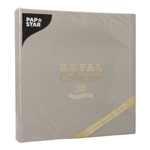 Mostrada é uma embalagem bege PAPSTAR GmbH 20 guardanapos "ROYAL Collection" 1/4-dobra (40x40 cm), perfeita para a decoração de mesa elegante. Na frente está o nome do produto em dourado e branco, os guardanapos são embalados em filme transparente.