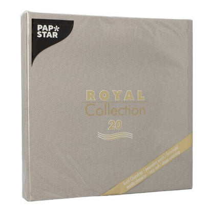 Mostrada é uma embalagem bege PAPSTAR GmbH 20 guardanapos "ROYAL Collection" 1/4-dobra (40x40 cm), perfeita para a decoração de mesa elegante. Na frente está o nome do produto em dourado e branco, os guardanapos são embalados em filme transparente.